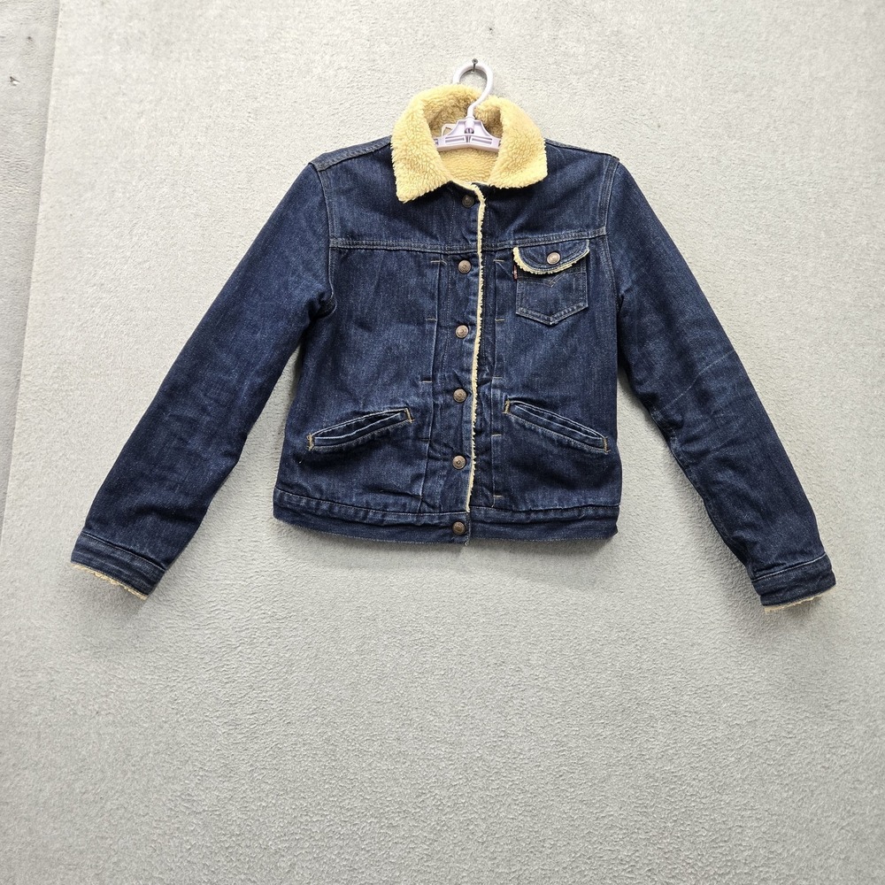 VINTAGE Levi's Juniors Jacket S Blue Denim Sherpa Lined Crop Made in USA Collar